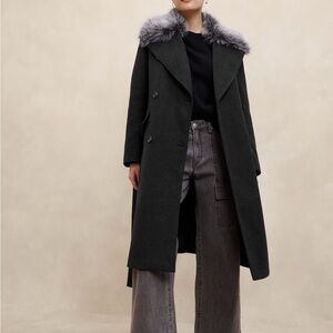 Banana Republic Factory Gray Pea Coat with Faux Fur Collar